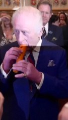 Carlos III de Inglaterra toca la flauta-zanahoria en una recepción en Windsor