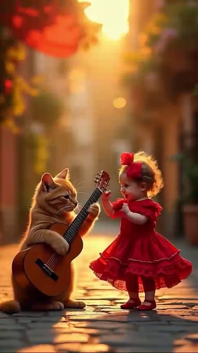 Funny Dance cat and little girl