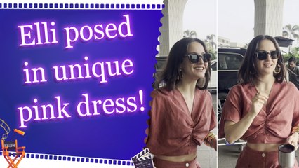 Elli AvrRam spotted at Mumbai Airport in pink flowy dress