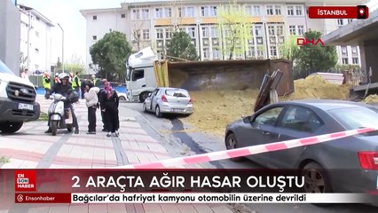 Bağcılar'da hafriyat kamyonu otomobilin üzerine devrildi