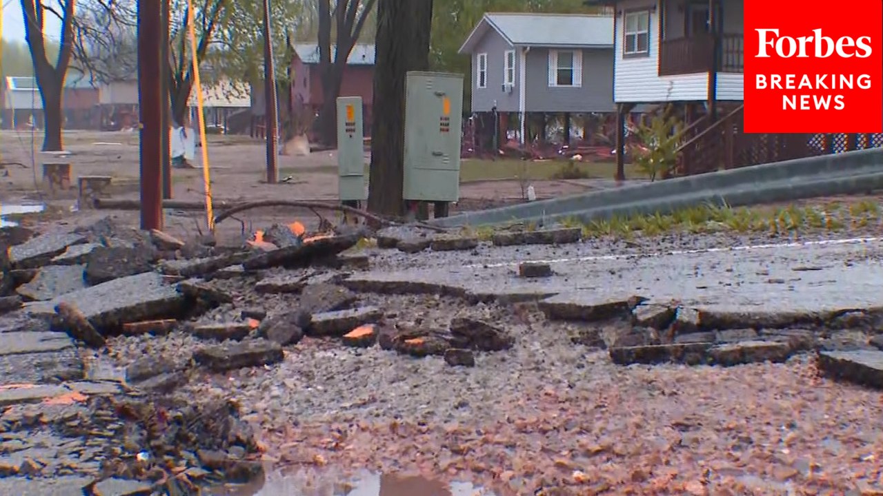 Roads Left Destroyed In Little Rock, Arkansas As Severe Weather Causes Floods Across Midwest, South