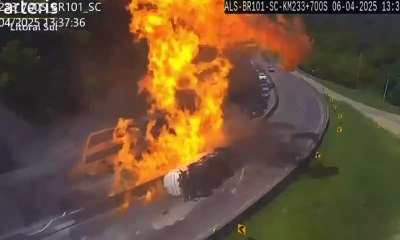 Vídeo mostra momento em que carreta explode e fogo se alastra em segundos na BR-101