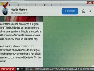 Pdte. Maduro: Recordamos a la gran Flora Tristán, lideresa de la clase obrera bolivariana