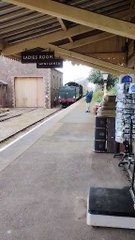 A steam train arriving at Dunster Station, filmed by Fred Crawley.