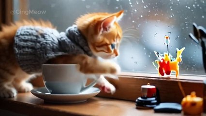 Tiny Baby Ginger Kittens Cozy Rainy Café Day