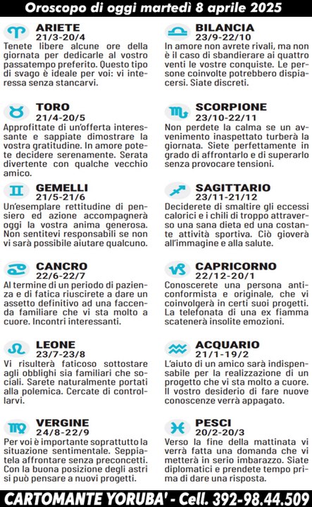 Oroscopo di oggi martedì 8 aprile 2025 - Il Cartomante Yorubà