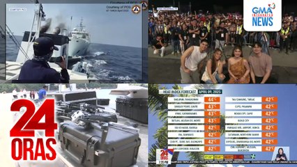 24 Oras: (Part 2) BRP Cabra, ilang beses tinangkang banggain ng CCG; 20 bagong unmanned aerial systems, ibinigay ng Australian Embassy sa PCG; danger level na init nagbabanta sa 16 na lugar bukas, atbp.