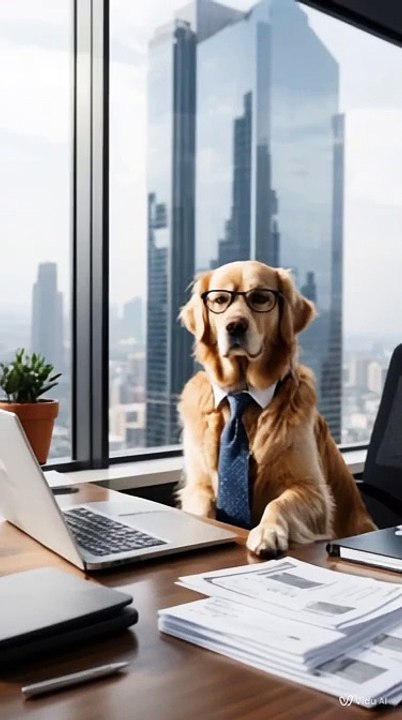 A golden retriever sitting at a modern office desk in a bright, high-rise building. The dog is wearing glasses and a business suit, typing on a laptop with a coffee mug beside it that says "Top Dog."