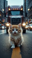 Bunny rescues a cute little kitty from a huge truck.