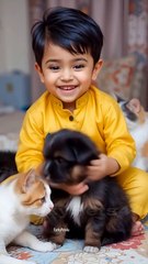 Cute One Year Boy Playing With Cat and Puppy - FunkyPets4u
