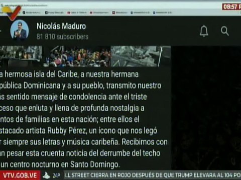 Pdte. Maduro transmite mensaje al pueblo de República Dominicana por la pérdida de Rubby Pérez