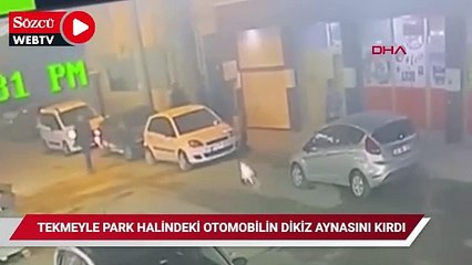 Tekmeyle park halindeki otomobilin dikiz aynasını kırdı