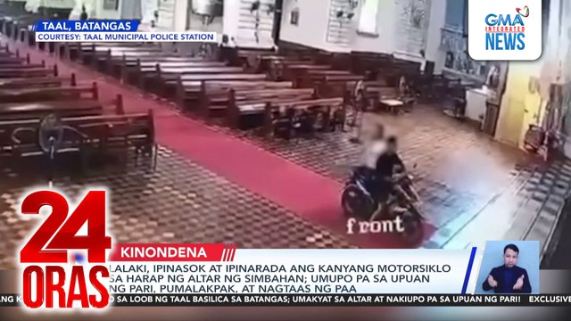 Lalaki, ipinasok at ipinarada ang kanyang motorsiklo sa harap ng altar ng simbahan; umupo pa sa upuan ng pari, pumalakpak at nagtaas ng paa | 24 Oras