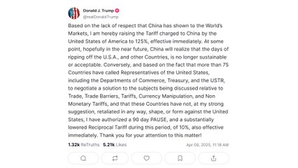 Trump's Stunning Move: 90-Day Tariff Freeze and 125% Tariff Surge on China