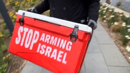 Activists turn US embassy pond blood-red in Israel arms sales protest