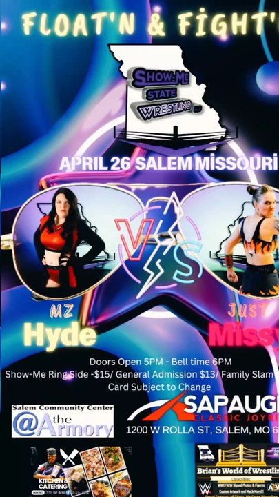 🔥 Match announcement for Floatin' & Fightin' on April 26Mz Hyde  takes on JUST Missy🤜Mz Hyde, a veteran that's coming to not make friends but to cement her name as a powerhouse. ❤️‍🔥JUST Missy, this young lady came into SSW like a firestorm