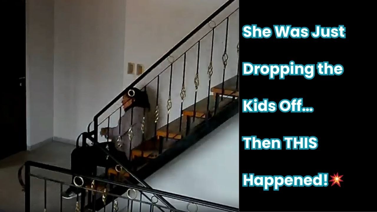 Home security camera captures woman slipping and falling while walking downstairs