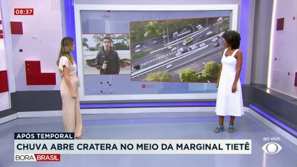 Cratera na Marginal Tietê: Sabesp faz reparo em instalação de esgoto