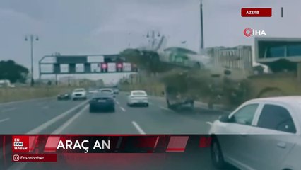 Azerbaycan'da kontrolden çıkan araç beton bariyeri aşarak ana yola uçtu