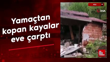 Rize'de yamaçtan kopan kayalar eve çarptı