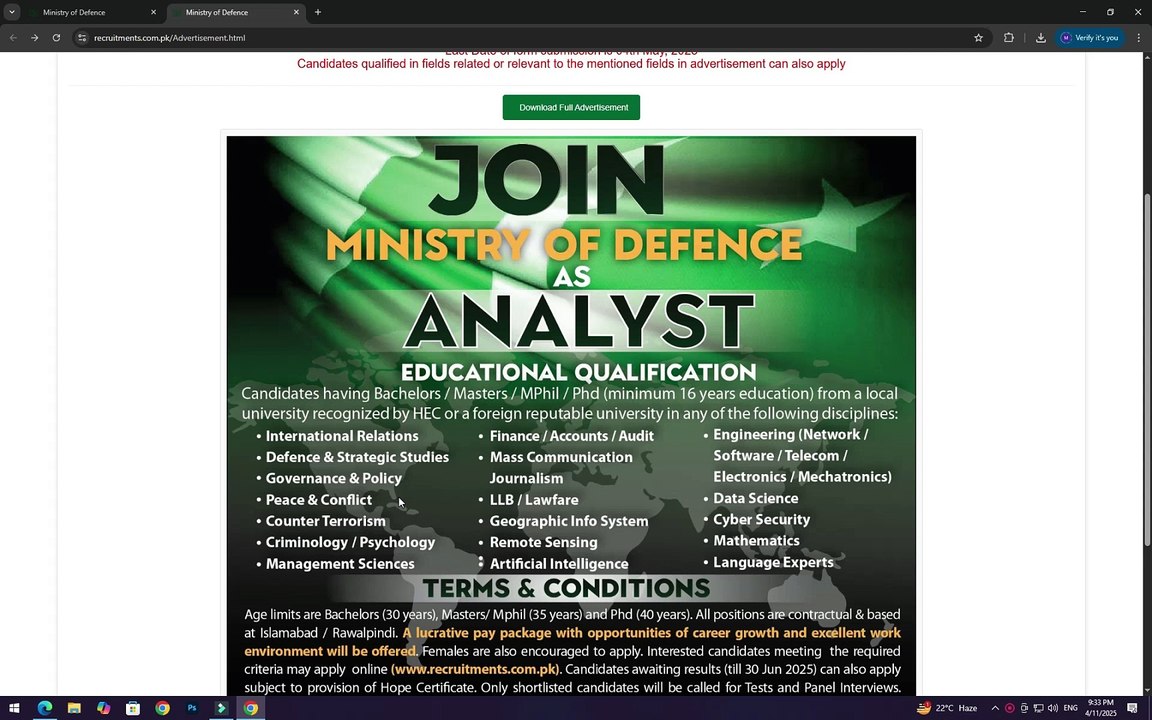 New Jobs in Ministry of Defense | Analyst Job | Recruitment | Online Apply