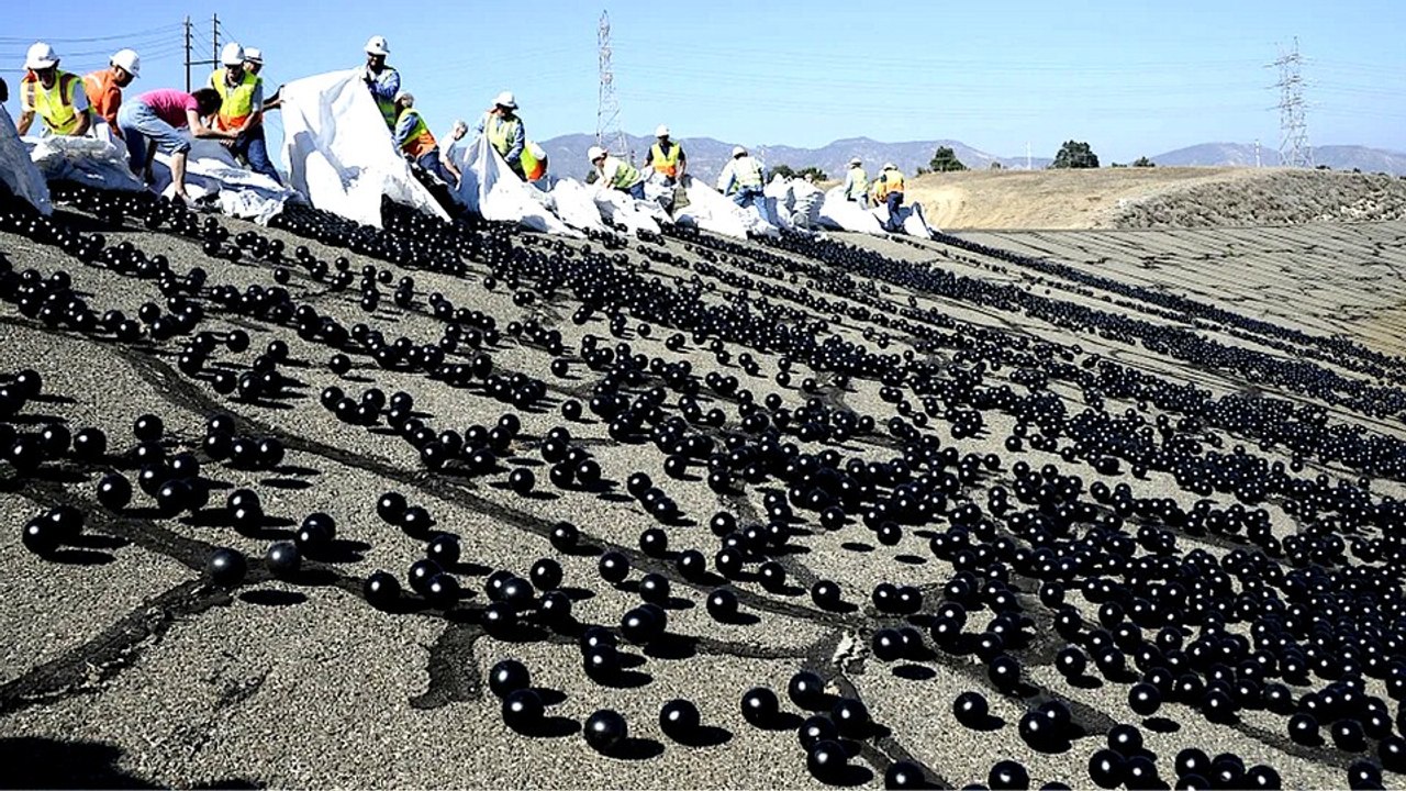 Im Dienste der Wissenschaft: Massenhaft schwarze Bälle werden in ein Wasserreservoir geschüttet