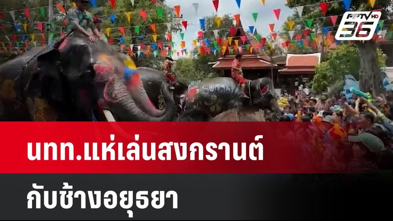 แห่เล่นสงกรานต์กับช้างอยุธยา-ช้าง 9 เชือกเล่นน้...