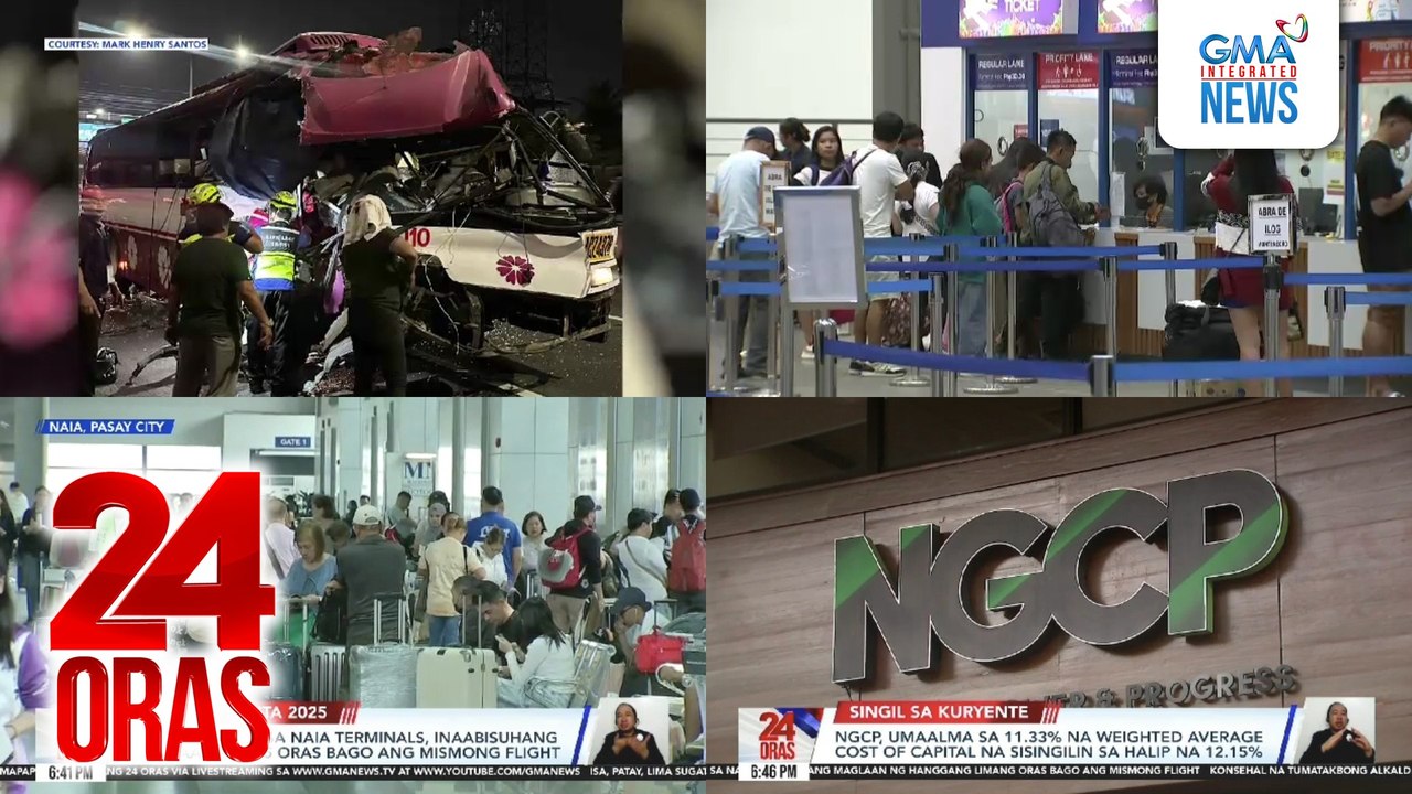 24 Oras: (Part 1) Bus, bumangga sa truck; 13 sugatan; ilang biyahe sa Batangas Port, fully booked hanggang Sabado de Gloria; mga pasahero sa NAIA terminals, inaabisuhang maglaan ng 4-5 oras bago ang mismong flight, atbp.