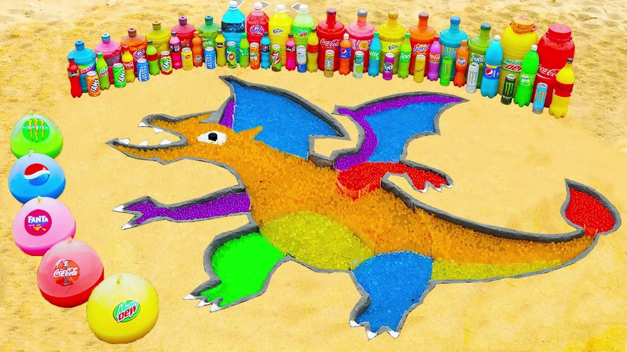 How to make Rainbow Charizard Pokémon with Orbeez, Balloons of Fanta, Mtn Dew, Coca-Cola vs Mentos