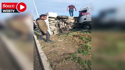 TIR'la çarpışarak yan yatan hafif ticari aracın sürücüsü yaralandı