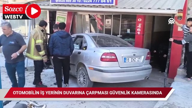 Otomobilin iş yerinin duvarına çarpması güvenlik kamerasında