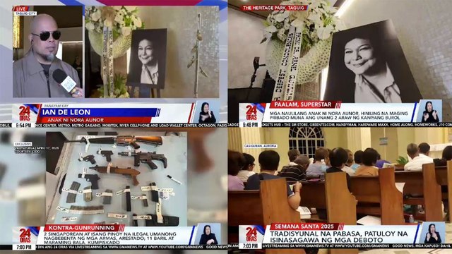24 Oras: (Part 2) Ian de Leon: Acute respiratory failure ang sanhi ng pagkamatay ng aming ina / 2 Singaporean at isang Pinoy na ilegal umanong nagbebenta ng mga armas, arestado;/ Tradisyunal na Pabasa, patuloy na isinasagawa ng mga Deboto