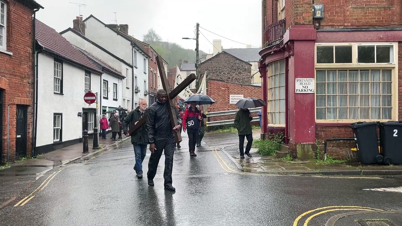 Walking down North St towards Crediton Town Square during Good Friday Walk of Witness (Will Goddard, Crediton Courier)