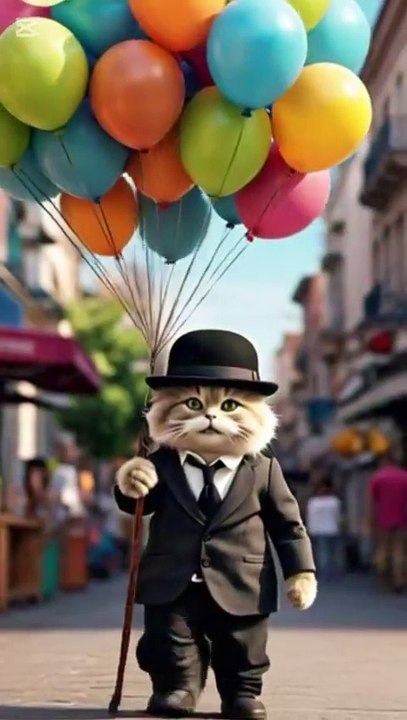 Fluffy Cat Walks Like Charlie Chaplin | Funny Cat Dressed as Human Holding Balloons