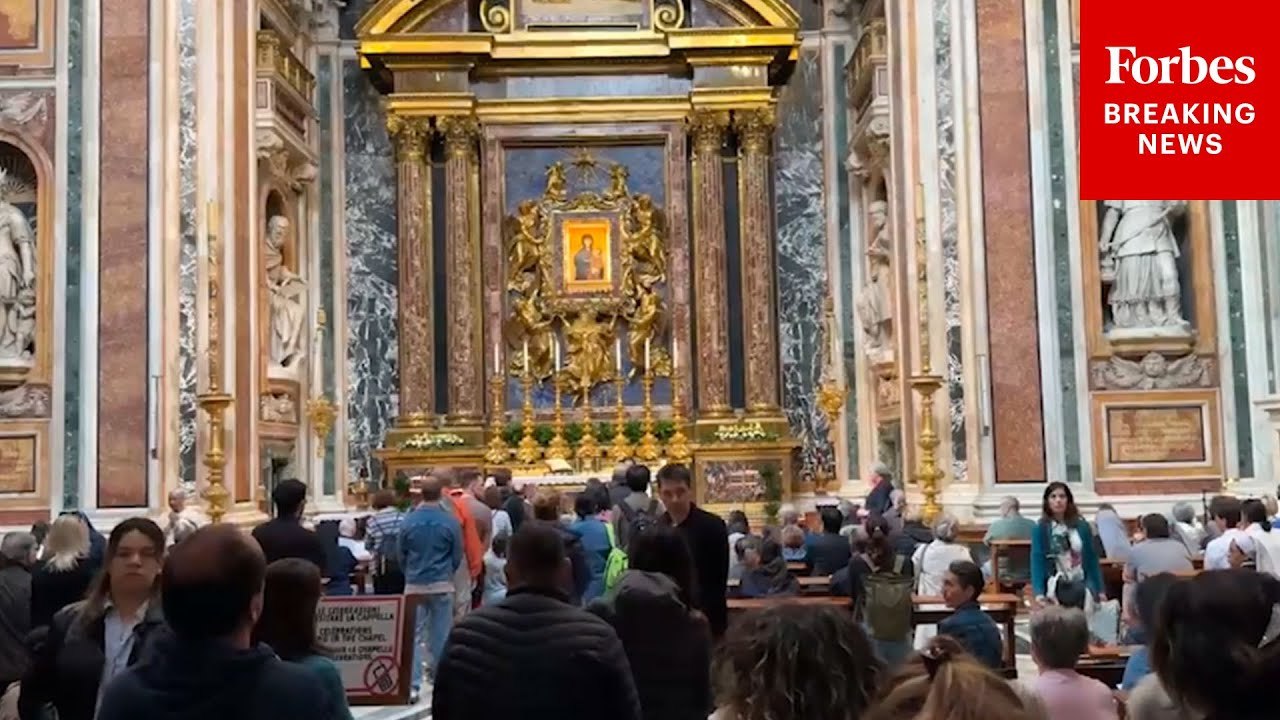 Crowds Gather At The Santa Maria Basilica In Rome, Italy, After Pope Francis Passes Away At 88
