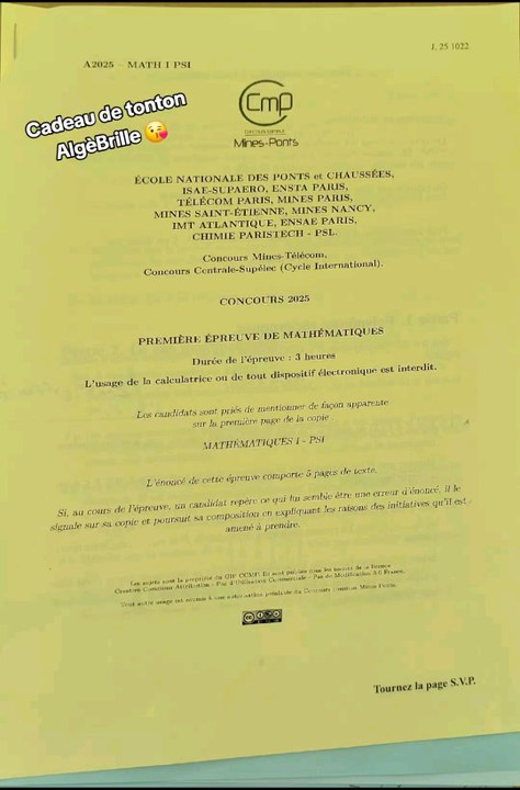 Sujet Mines filière PSI 2025Sujet Maths 1 tombé le 22/04/25#prepa #psi #mines #concours  #concoursprepa