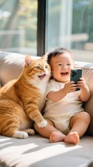 cat and baby releasing loughing gass