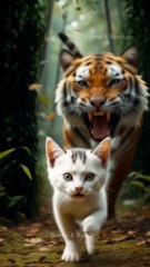 Cute Rabbit Saves the Little Kitten from a Tiger Attack