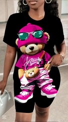 women opinions about this 2pcs/Set Women's Casual Cute Cartoon Bear Print Short Sleeve T-Shirt And Shorts Summer Outfit