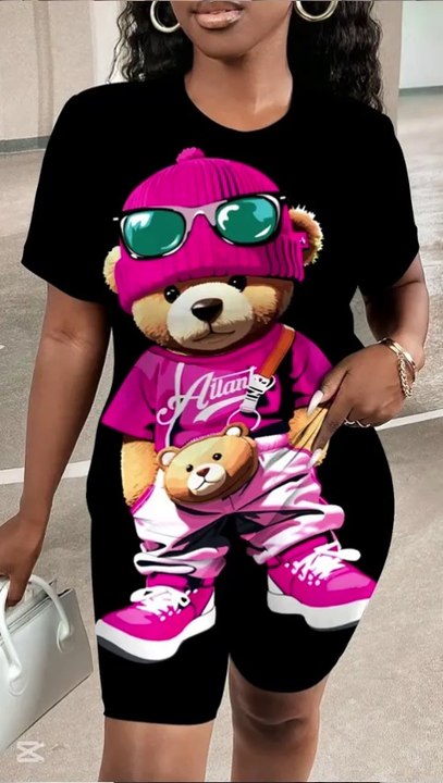 women opinions about this 2pcs/Set Women's Casual Cute Cartoon Bear Print Short Sleeve T-Shirt And Shorts Summer Outfit