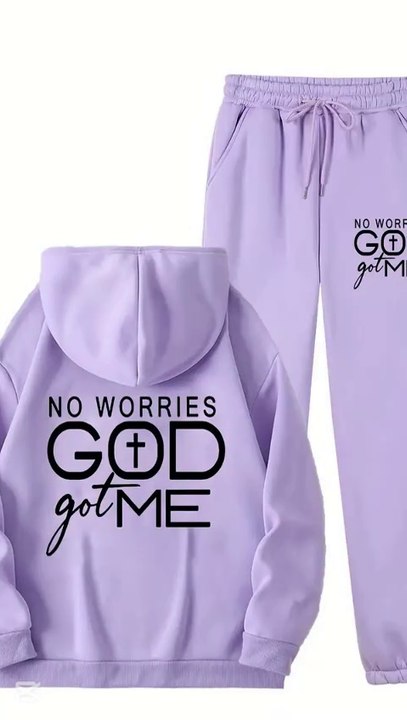 women opinions about this [No Worries|GOD Got Me] 2pcs Women's Casual Sports Set, Sports Kangaroo Pocket Hoodie Set, No Worries GOD Got Me Printed Warm Set