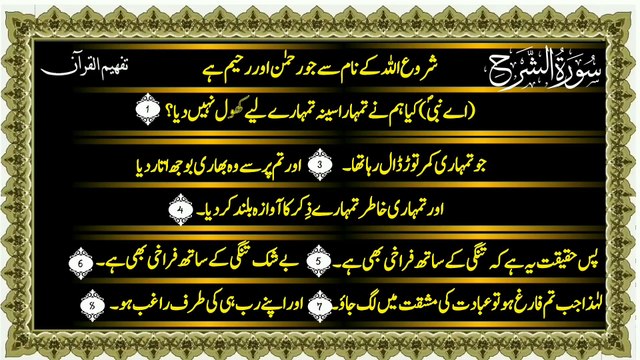 Surah Al-Sharh (سورة الشرح ترجمعہ) Only Urdu Translation