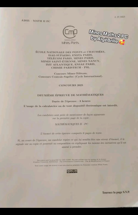 Sujet Mines Maths 2 filière PC 2025 🔥