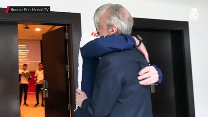 Florentino Perez greets Real Madrid players ahead of Copa del Rey final