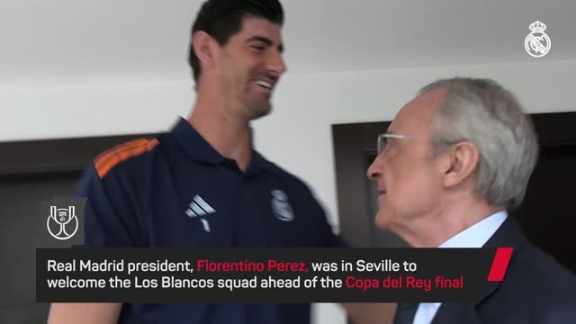 Florentino Perez greets Real Madrid players ahead of Copa del Rey final