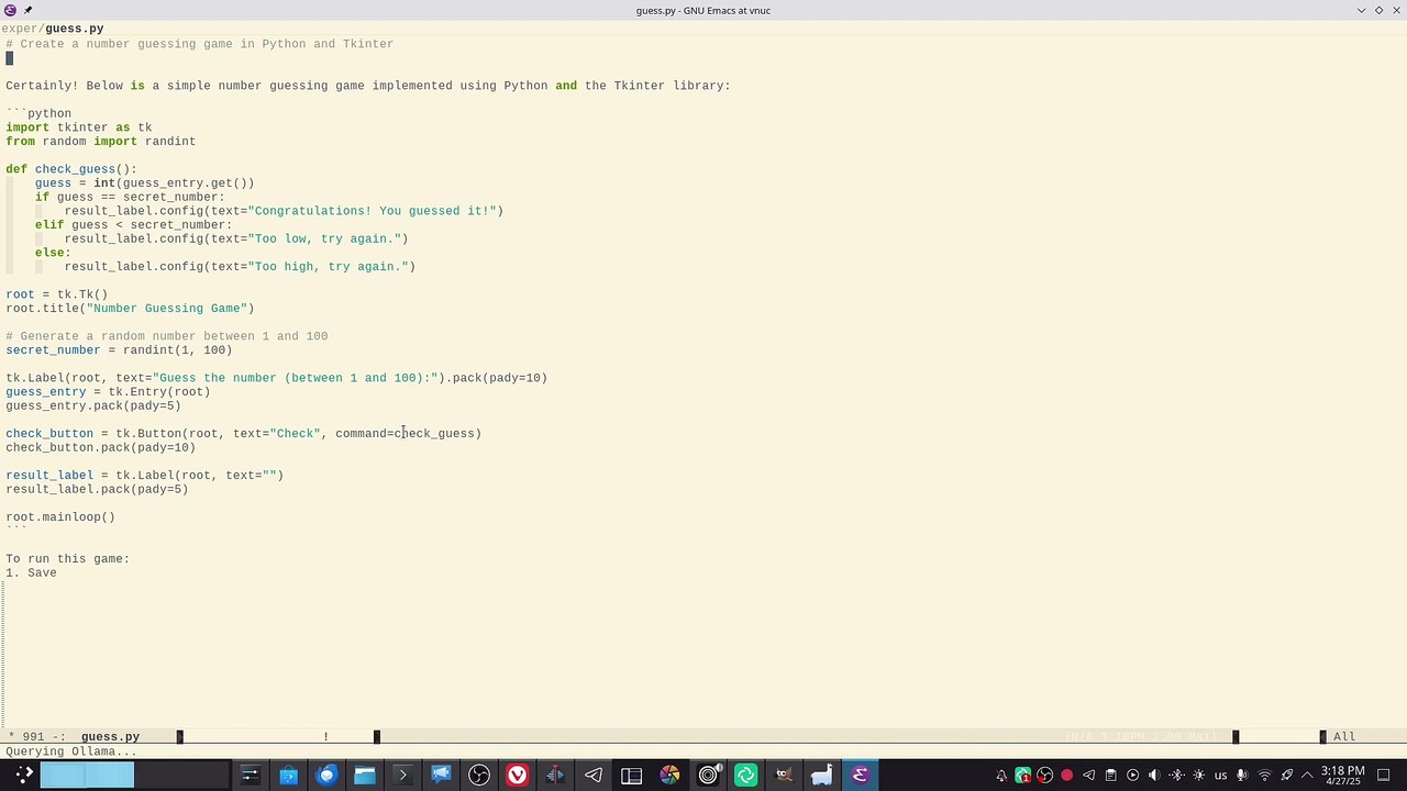 Vibe coding in Emacs with Local GenAI