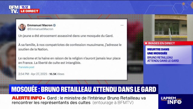 Meurtre dans une mosquée du Gard: Le racisme et la haine en raison de la religion n'auront jamais leur place en France , déclare Emmanuel Macron