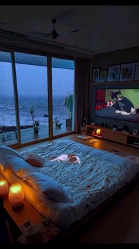 Elegant Ocean View Bedroom with Glass Wall, Cozy Bed, Soft Lights, Cat Resting, Evening Clouds, and Tom and Jerry on TV.#reel#reelinstagram#reelfacebook#fyp#foryou#luxurybedroomretreat#cozyhaven#softlightingbliss#follow