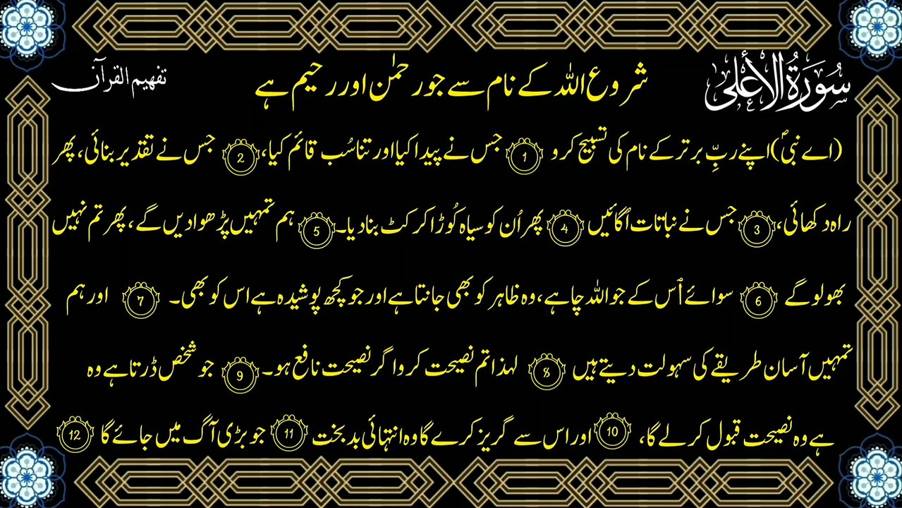 Surah Al Ala (سورة الاعلیٰ ترجمعہ) Only Urdu Translation (Turjma)