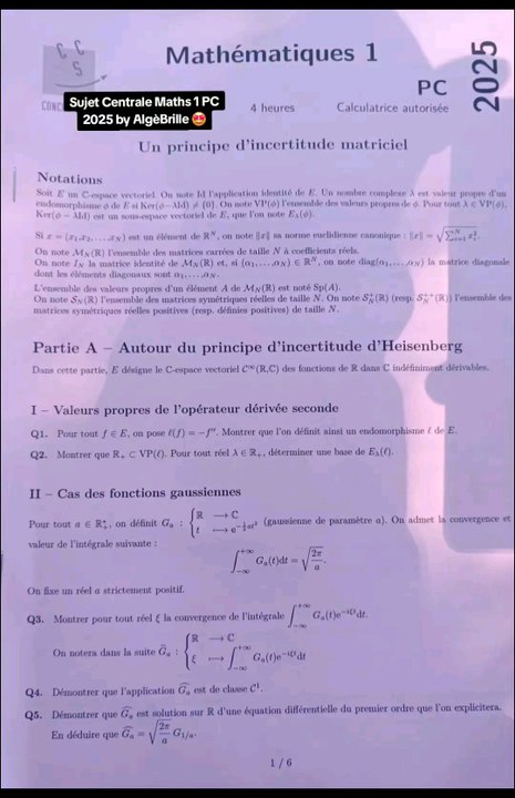 Sujet Centrale Maths 1 PC 2025 🔥Sujet Maths 1 tombé le 28/04/25#prepa #pc #pcsi #centrale #maths1 #concours #concoursprepa